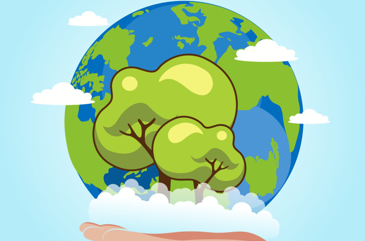 Illustration de la planète terre avec des arbres et mains humaines